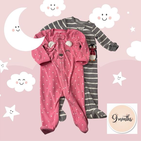 Carter One Piece Footie Pjs Pajamas Set Of 2 Pink Spotted Bear Gray Penguin - Picture 1 of 13